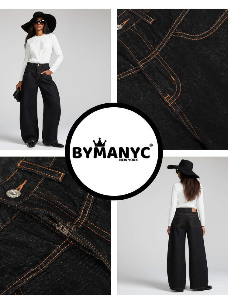 Black Wide-Leg Denim Jeans with Contrast Stitching • BYMANYC ® New York