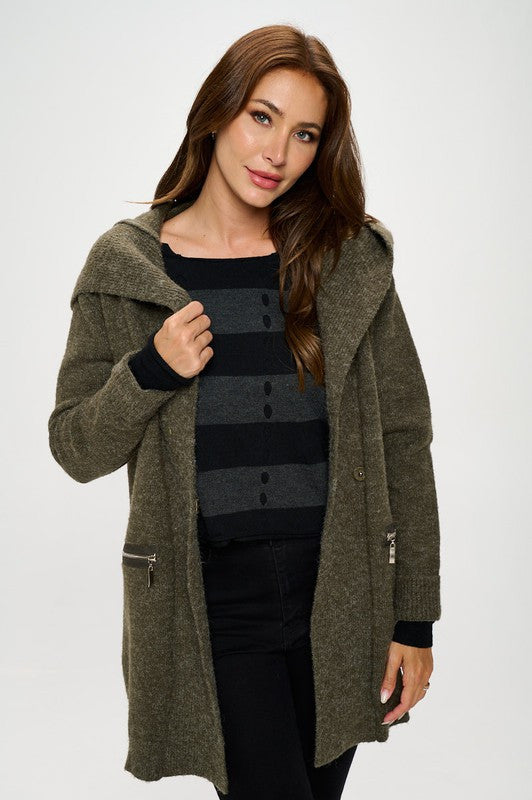 Olive Knit Open Front Cardigan with Hoodie and Zipper Detail